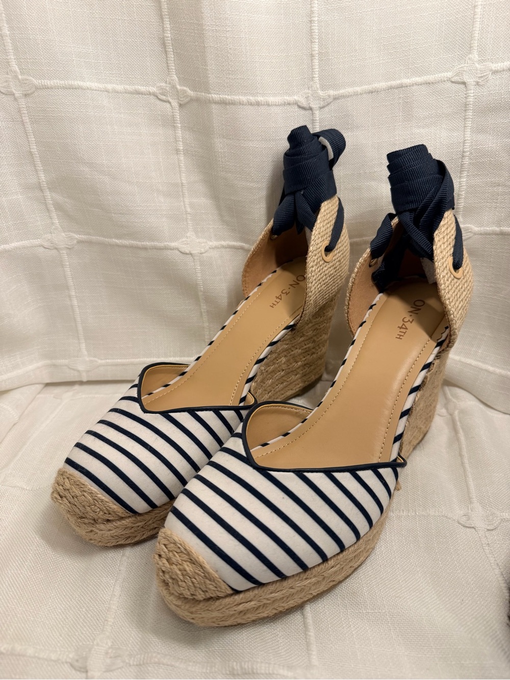 On 34th Melindaa Navy Stripe Espadrille Wedges Size 11M New